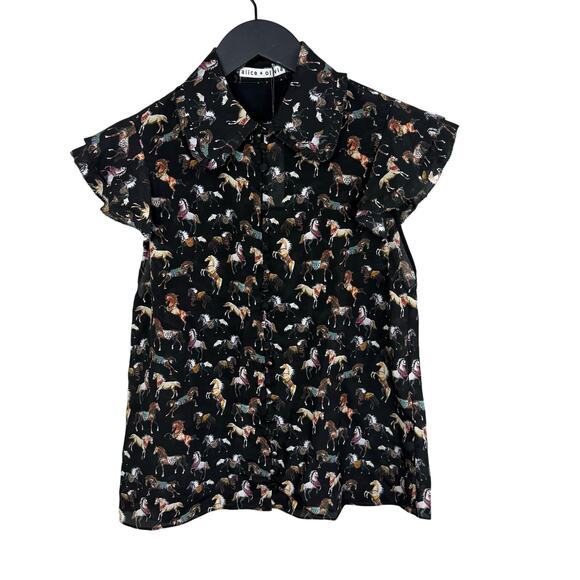 ALICE + OLIVIA Martel Flutter Sleeve Silk Button-Up Top - Picture 3 of 6